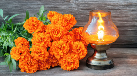 A stunning display of vibrant orange marigold flowers beside a glowing gas lantern, set on a rustic wooden surface, evoking warmth and tranquility.の素材