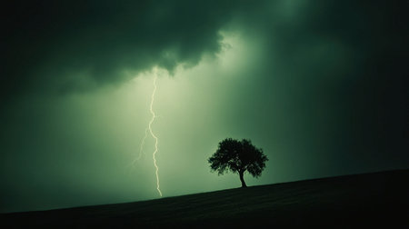 A powerful lightning strike illuminates a solitary tree against a dark, stormy sky. The dramatic atmosphere captures the raw energy of nature in this stunning landscape.の素材