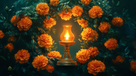 A beautifully lit lantern surrounded by bright marigold flowers creates a warm and vibrant ambiance, perfect for evoking feelings of serenity and charm.の素材