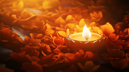 A serene candle emits a soft glow amidst vibrant orange petals, creating a warm and tranquil atmosphere perfect for relaxation, meditation, or celebration.の素材