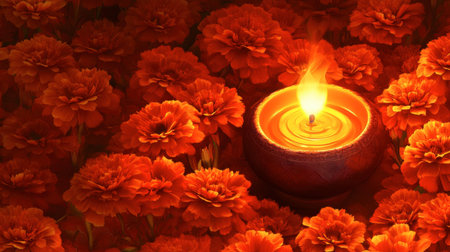 A beautiful orange candle burns gently among vivid marigold flowers, creating a warm and inviting atmosphere perfect for celebrations and calming moments.の素材