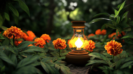 A charming lantern illuminates the vibrant marigold flowers in a serene garden setting, creating a warm and inviting atmosphere amidst lush green foliage.の素材