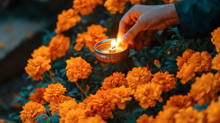 A hand gently holds a lighted diya amidst vibrant orange marigold flowers, symbolizing warmth and festivity, perfect for cultural celebration themes.の素材