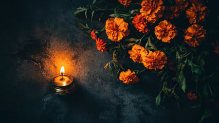 This enchanting still life features a glowing candle alongside vibrant orange marigold flowers, creating a warm and romantic ambiance perfect for any occasion.の素材