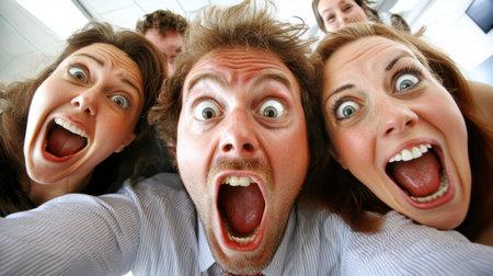 A lively group of people expressing excitement and joy with exaggerated faces. This fun and candid shot captures the essence of teamwork and camaraderie in a playful environment.の素材