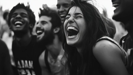 A vibrant black and white image capturing a group of diverse individuals erupting in joyful laughter, showcasing genuine happiness and camaraderie.の素材