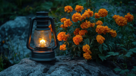A charming scene featuring an antique lantern illuminating a cluster of vibrant marigold flowers on a stone. The warm glow creates a peaceful twilight atmosphere.の素材