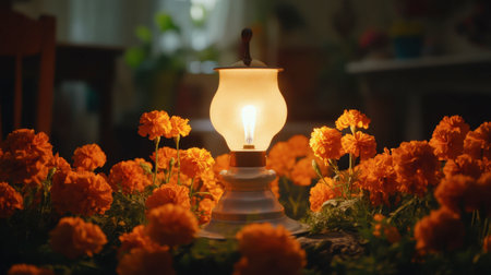 A vintage lantern emits a warm glow surrounded by vibrant marigold flowers, creating a cozy atmosphere perfect for evening gatherings and celebrations.の素材