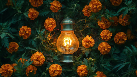 A beautiful vintage lantern radiates warm light amidst vibrant marigold flowers, creating a serene and charming atmosphere perfect for nature lovers.の素材