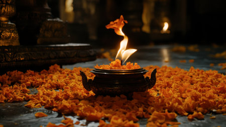 A serene candle flame rests on a bed of vibrant orange marigold petals, creating a warm and inviting ambiance. Perfect for themes of spirituality and celebration.の素材