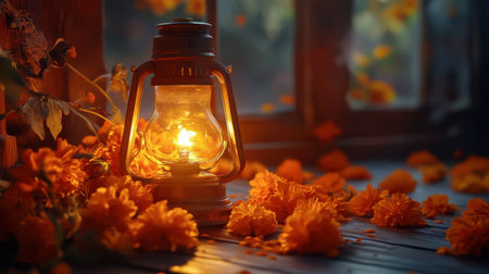 A vintage lantern emits a warm glow surrounded by vibrant autumn flowers. The soft light creates a cozy atmosphere perfect for a tranquil evening. Ideal for seasonal decor themes.の素材