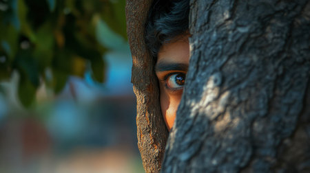 A captivating close-up of an eye peering from behind tree bark, showcasing the beauty of nature and the intrigue of hidden observation. The interplay of light and shadows adds depth.の素材