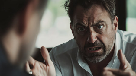 A dramatic close-up of a man expressing intense emotions during a serious conversation. The tension in the atmosphere highlights the complexity of interpersonal communication.の素材