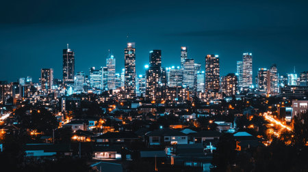 A stunning urban nightscape showcasing a vibrant city skyline illuminated by bright lights. This panoramic view captures the essence of modern city life.の素材