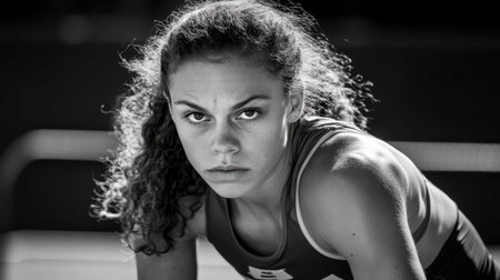 A focused female athlete prepares for competition in this striking image. Her intense expression and determined stance capture the spirit of sport and perseverance.の素材
