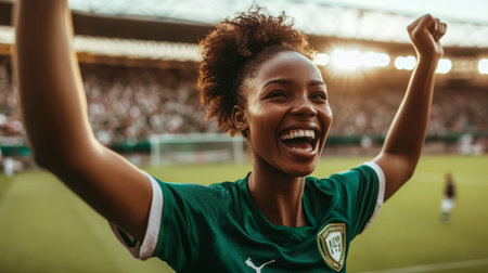 A joyful soccer fan revels in victory, celebrating outdoors with excitement and enthusiasm. Captured in a moment of pure happiness during a game.の素材