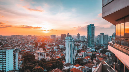 A stunning sunset view over a vibrant urban skyline, showcasing modern architecture and a lively city atmosphere. Ideal for travel and lifestyle themes.の素材