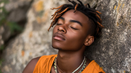 A young man radiates serenity while relaxing against a rocky surface, capturing a moment of peace and self-reflection in nature.の素材
