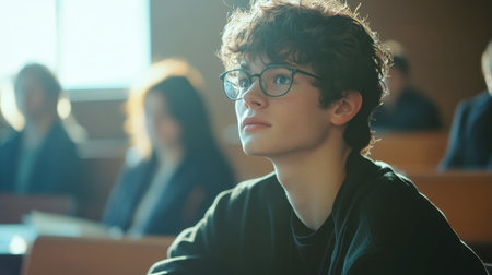 A thoughtful young student sits attentively in a classroom, gazing thoughtfully as others engage in an academic setting, highlighting focus and curiosity.の素材