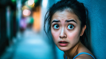 A young woman displays a look of fear and surprise in an urban alleyway. The night scene captures her emotional expression, highlighting vulnerability and tension.の素材