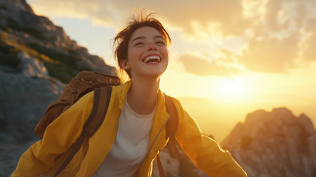 A joyful young person smiles broadly while enjoying an adventurous moment in nature. The warm sunset creates a breathtaking backdrop, enhancing the sense of freedom and exploration.の素材