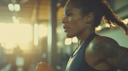 A focused woman runs in a gym, demonstrating determination and strength. The warm light highlights her athletic form, embodying fitness and motivation.の素材