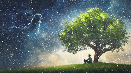 A serene scene of a person sitting under a tree during a rainstorm, captivated by the dramatic sky filled with clouds and lightning. Perfect for themes of tranquility and reflection.の素材