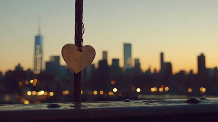 A heart pendant dangles in front of a stunning city skyline at dusk, capturing the essence of love and tranquility in an urban setting with warm lights.の素材