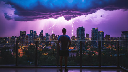 A dramatic lightning storm illuminates a city skyline at dusk. A man stands on the balcony, silhouetted against a vibrant, electric sky, capturing nature's power.の素材