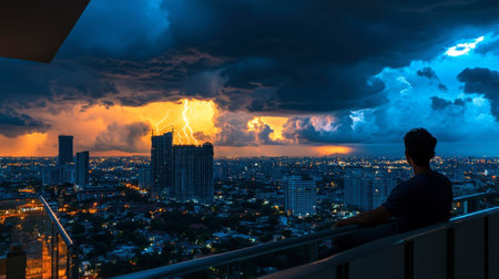 A stunning view of a thunderstorm illuminating a city skyline at dusk. A person sits peacefully on a rooftop, witnessing nature's power and beauty.の素材