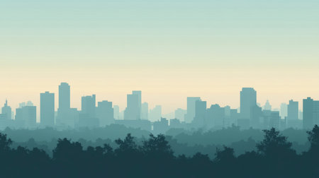 A tranquil city skyline silhouette resting above a lush forest. Ideal for projects focusing on urban environments, nature, and peaceful backgrounds.の素材