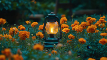A classic lantern emits a warm glow amidst vibrant orange flowers, creating a serene and romantic garden atmosphere during dusk. Perfect for nature lovers.の素材