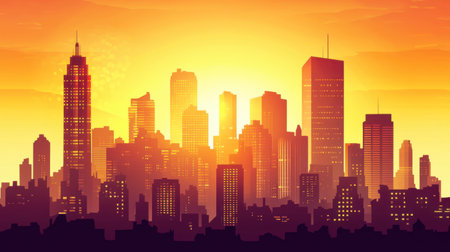 A stunning urban skyline illustration at sunset, showcasing silhouettes of buildings against a golden glow. Ideal for themes of city life and tranquility.の素材