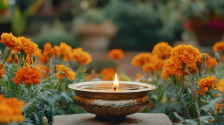 A serene scene featuring a glowing candle surrounded by vibrant marigold flowers in a lush garden, perfect for evoking peace and tranquility.の素材