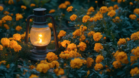 A vintage lantern emits a warm glow amidst vibrant marigold flowers in a serene garden setting, creating a peaceful and inviting ambiance for evening relaxation.の素材