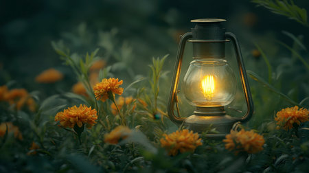 A vintage lantern glows softly amidst vibrant yellow flowers, creating a serene and cozy atmosphere. Perfect for nature and outdoor themes.の素材