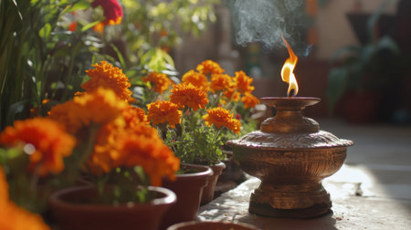 A traditional oil lamp burns brightly among vibrant marigold flowers in a lush garden, embodying cultural richness and serene beauty in nature.の素材