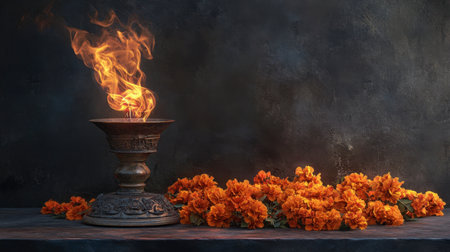 A stunning composition featuring a flickering flame in an ornate pot, surrounded by vibrant marigold flowers on a dark background, evoking warmth and beauty.の素材