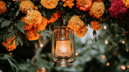 A vintage lantern illuminates colorful marigold flowers in a serene garden setting, creating a warm ambiance perfect for outdoor celebrations and gatherings.の素材