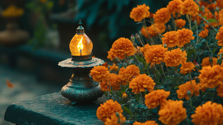 A beautiful lantern glowing beside vibrant orange marigolds, creating a serene and colorful outdoor ambiance perfect for celebrations and relaxation.の素材
