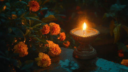 A serene candle casts a warm glow amidst vibrant flowers at dusk, creating a tranquil ambiance in a natural setting. Ideal for relaxation themes.の素材