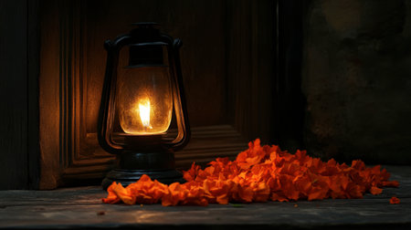 A vintage lantern illuminates a serene space, surrounded by vibrant orange petals. Ideal for creating a warm, romantic ambiance in any setting.の素材