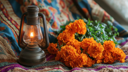 This captivating image features a vintage lantern beside a vibrant arrangement of marigold flowers, set against a colorful fabric background, creating a warm and inviting atmosphere.の素材