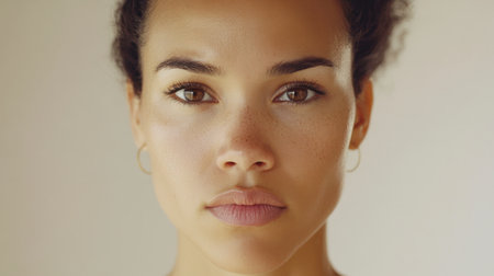A striking close-up portrait of a confident young woman showcasing her natural beauty, freckles, and serene expression against a soft background.の素材