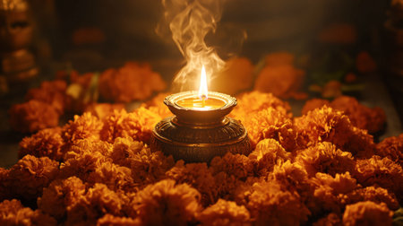 A beautifully lit oil lamp surrounded by vibrant marigold flowers creates a warm and inviting atmosphere, perfect for festive celebrations and rituals.の素材