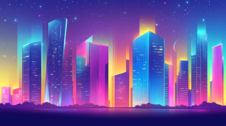 A stunning futuristic cityscape glowing with vibrant neon lights. The skyline features sleek buildings against a starry night, creating a captivating urban atmosphere.の素材