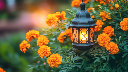 A charming lantern glows softly amidst vibrant marigold flowers, creating a serene and inviting atmosphere perfect for garden settings or evening gatherings.の素材
