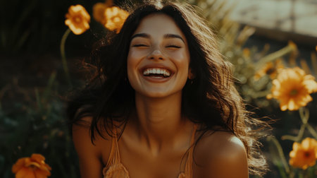 A joyful woman beams with happiness surrounded by vibrant flowers in natural sunlight, capturing the essence of beauty and tranquility in nature.の素材