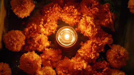A stunning arrangement of vibrant marigold flowers encircles a glowing candle, creating a warm and inviting atmosphere perfect for relaxation and celebration.の素材