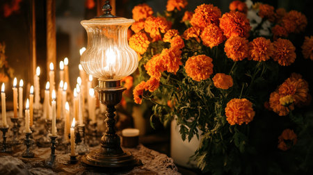 A cozy scene featuring warm candlelight and vibrant marigold flowers, perfect for creating a tranquil atmosphere during celebrations and gatherings.の素材